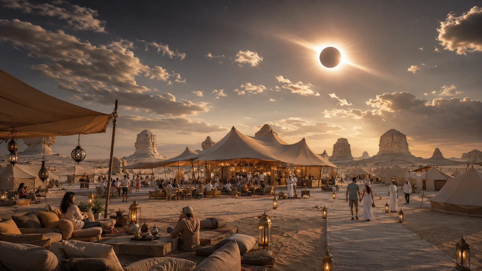 Concept visualization of a large premium eclipse camp in Egypt's White Desert