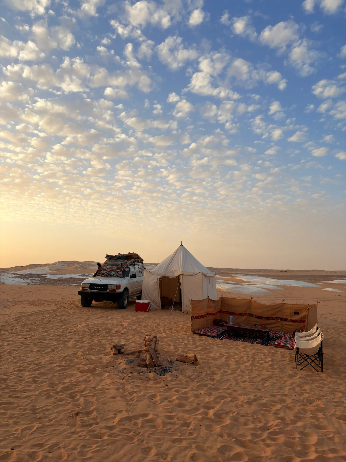 Real White Desert camp and open seating area prepared by the Elzaghandi team