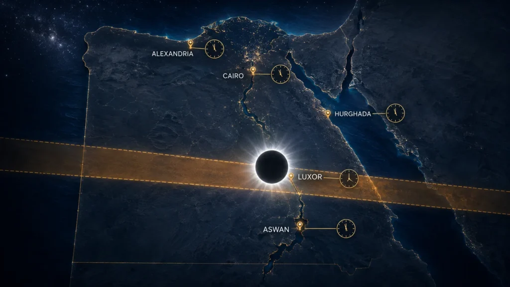 2027 Solar Eclipse Times in Egypt by City
