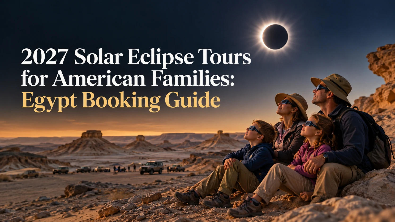 Concept illustration of parents and two children wearing eclipse viewing glasses in Egypt's Western Desert, with 2027 family tour headline