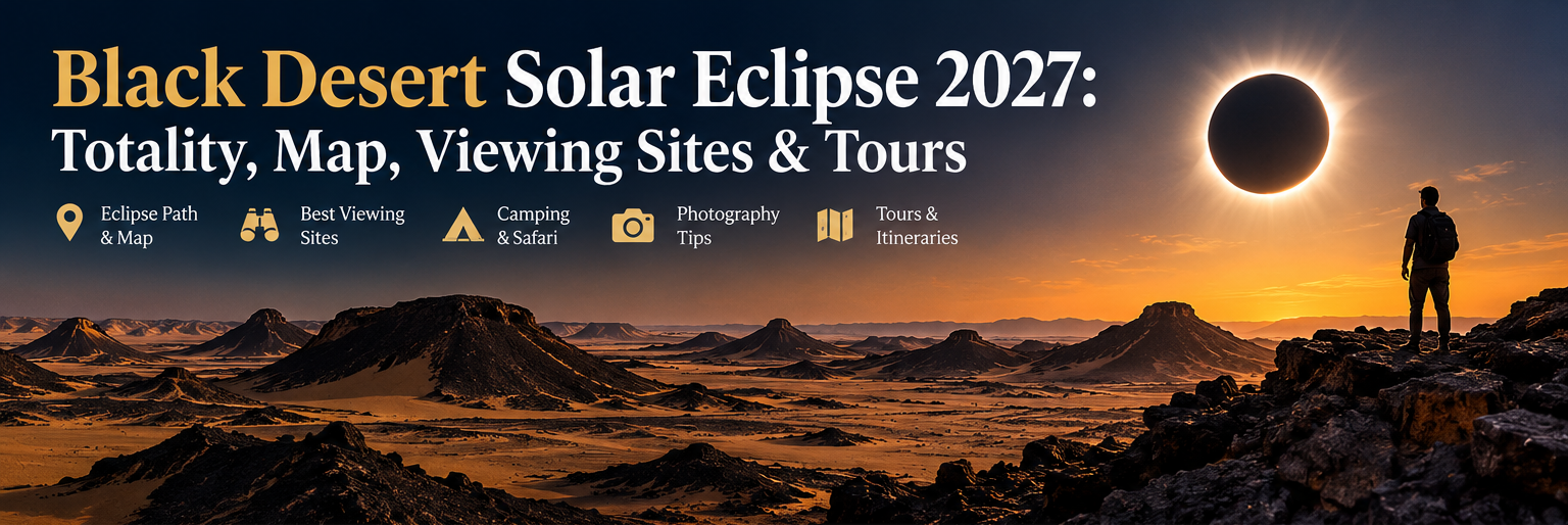 Photorealistic-style illustration of a total solar eclipse above the dark rocky hills of Egypt's Black Desert, with article headline overlay