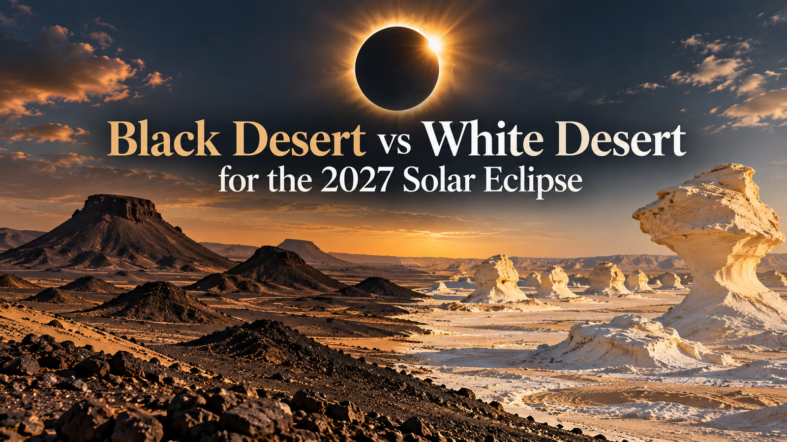 Composite illustration comparing dark Black Desert hills and white chalk formations in Egypt beneath a stylized total solar eclipse