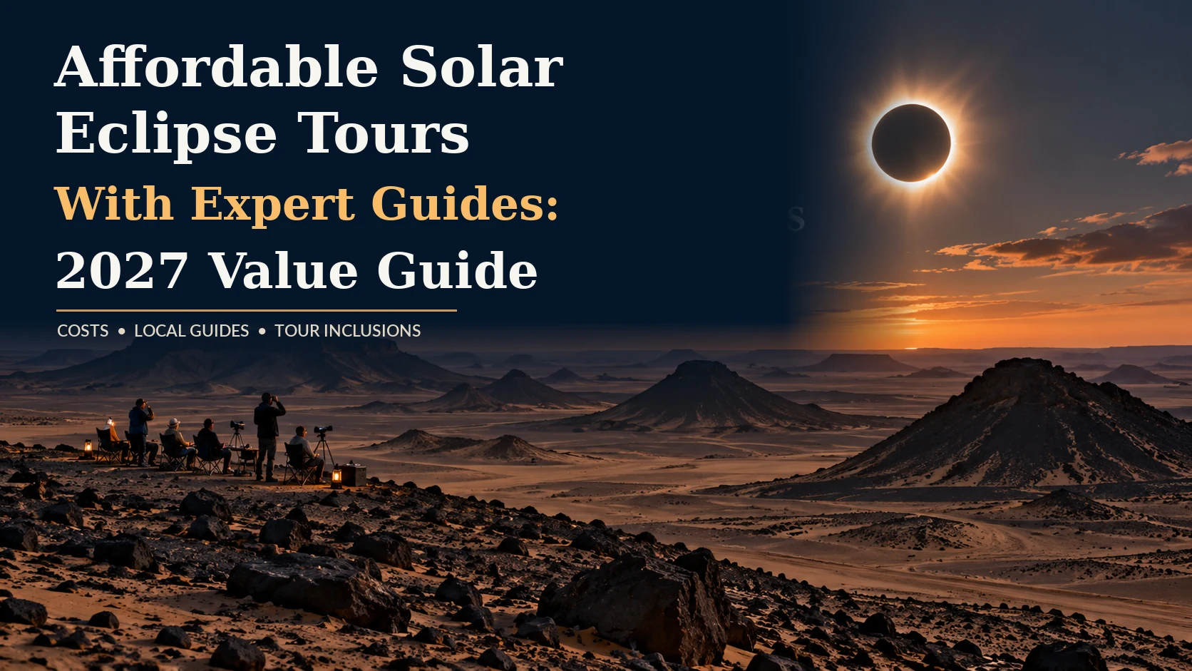 Illustrated editorial banner for affordable expert-guided eclipse tours in Egypt 2027, with article title