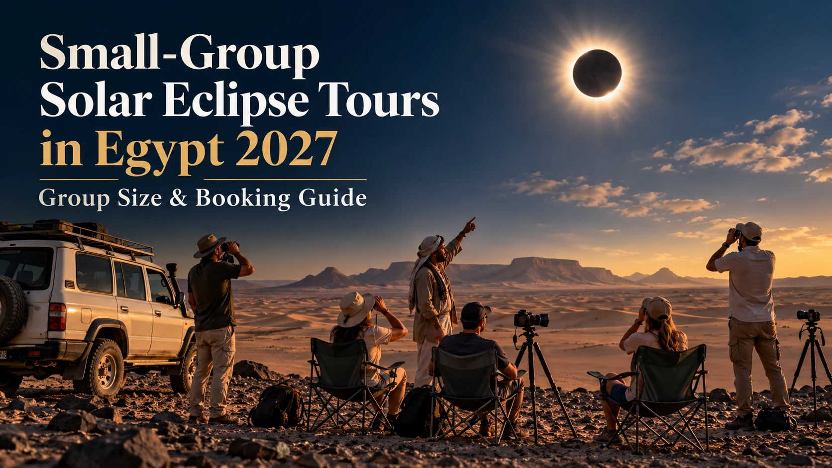 Concept illustration of a small guided group observing an eclipse in Egypt's Western Desert beside a 4x4, with article title